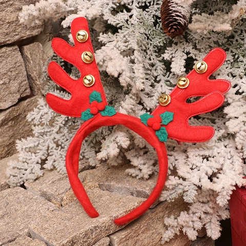 Serre-tête de Bois de Renne de Noël Avec Cloches Dorées Feuilles de Houx Baies Coiffe en Tissu pour Fête Accessoires de Cheveux