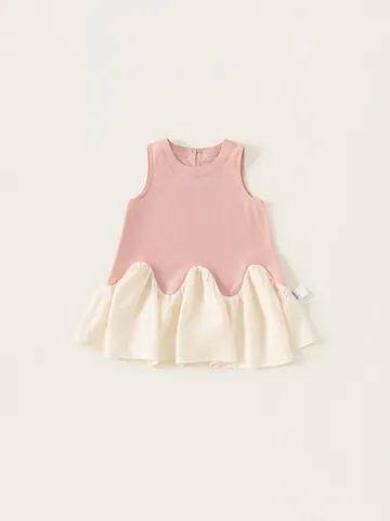 Robe d'Été Sans Manches Fille 100% Coton Épissage Ondulé Bloc de Couleur Ourlet à Volants Style Coréen Doux Robe de Princesse