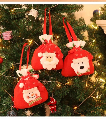 Sacs Cadeaux de Noël Faits à la Main avec Cordon de Serrage Tissu Brossé Doux Père Noël Bonhomme de Neige Ours Fête