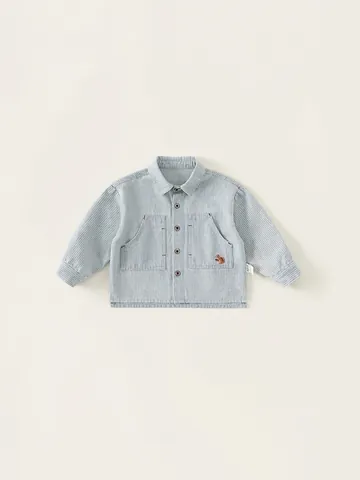 Jungen Gestreiftes Denim Hemd Mit Regenerierter Cellulosefaser Reverskragen Doppel Taschen Eichhörnchen Bestickung