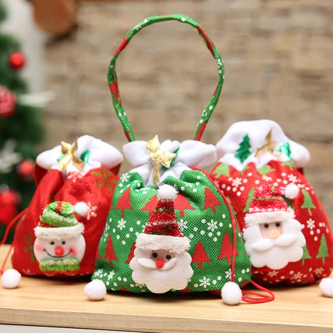 Sac Cadeau de Noël Fait Main Motif Père Noël Bonhomme de Neige Cordon Pochette à Bonbons Tissu Décoration de Fête de Vacances