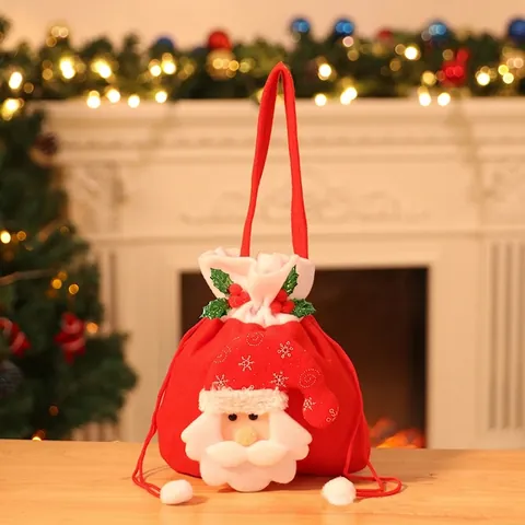 Sacs Cadeaux de Noël Faits à la Main avec Cordon de Serrage Tissu Brossé Doux Père Noël Bonhomme de Neige Ours Fête