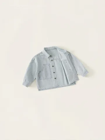 Jungen Gestreiftes Denim Hemd Mit Regenerierter Cellulosefaser Reverskragen Doppel Taschen Eichhörnchen Bestickung