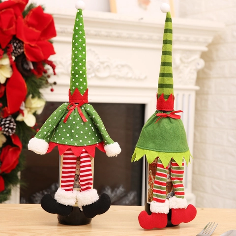 Christmas Elf Wine Bottle Cover Dress Green Polka Dot Red Striped Skirt Xmas Dining Table Party Decoration Holiday Decor