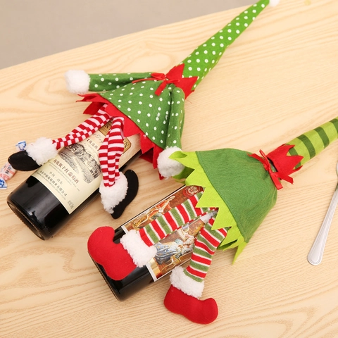 Christmas Elf Wine Bottle Cover Dress Green Polka Dot Red Striped Skirt Xmas Dining Table Party Decoration Holiday Decor