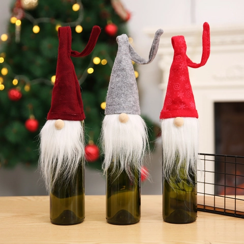 Housse de Bouteille de Vin de Noël Gnome Pochette en Tissu Décorative Avec Longue Barbe Poupée Sans Visage Pour Décor de Table