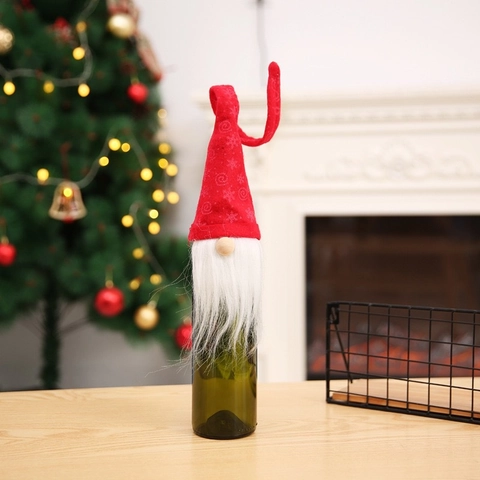Housse de Bouteille de Vin de Noël Gnome Pochette en Tissu Décorative Avec Longue Barbe Poupée Sans Visage Pour Décor de Table