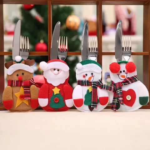 Weihnachts Besteckhalter Weihnachtsmann Schneemann Elch Design Stoff Bestecktasche Für Tischdekoration Party Zubehör