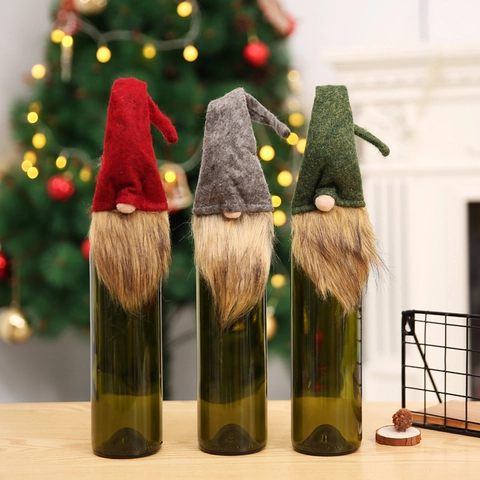 Christmas Gnome Wine Bottle Cover Set Handmade Swedish Tomte Bottle Topper Xmas Holiday Party Dining Table Decoration Gift