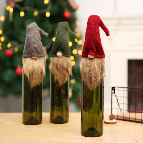 Christmas Gnome Wine Bottle Cover Set Handmade Swedish Tomte Bottle Topper Xmas Holiday Party Dining Table Decoration Gift