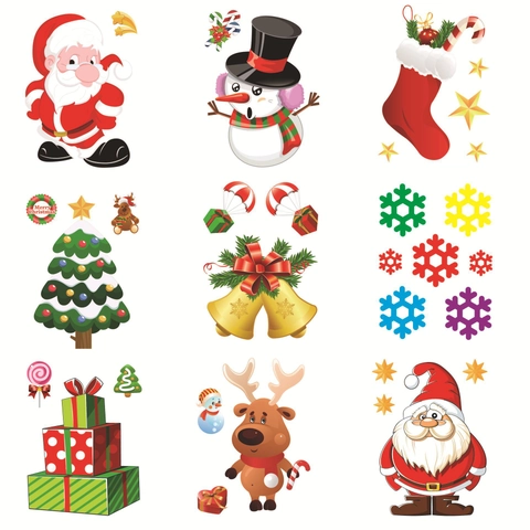 Removable Christmas Static Window Stickers Cartoon Santa Snowman Reindeer PVC Double Sided Decals For Home Holiday Decoration