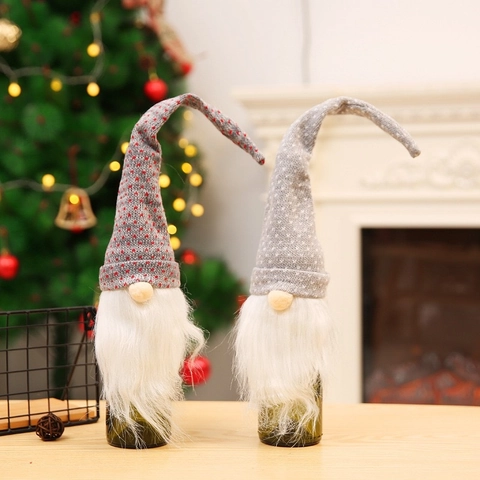 Weihnachten Gnom Weinflaschenhülle Nordischer Tomte Flaschenaufsatz Strickmütze Mit Weißem Kunstpelzbart Für Feiertagsdekoration