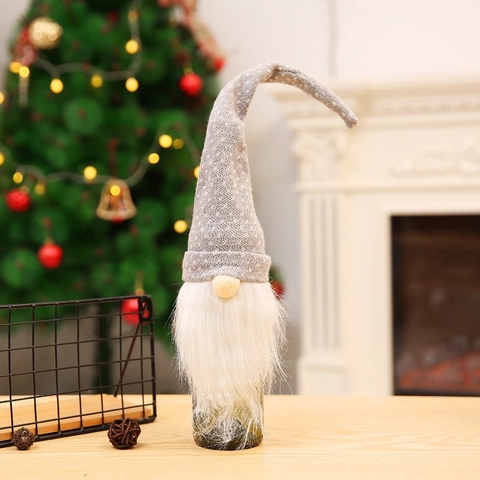 Weihnachten Gnom Weinflaschenhülle Nordischer Tomte Flaschenaufsatz Strickmütze Mit Weißem Kunstpelzbart Für Feiertagsdekoration