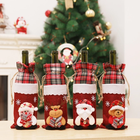 Housse de Bouteille de Vin de Noël Père Noël Bonhomme de Neige Renne Sac en Jute à Cordon Décoration de Table Fête