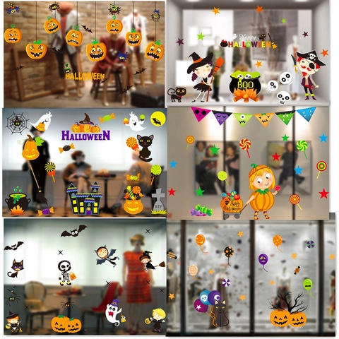 Halloween Static Window Stickers Cartoon Pumpkin Ghost Bat Witch Decals For Shop Display Halloween Party Home Glass Decoration