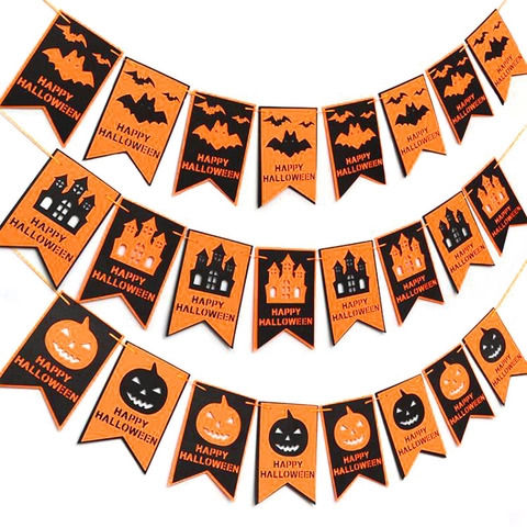 Halloween Felt Bunting Banner Double Layer Hanging Garland For Festival Party Shop Window Pumpkin Bat Witch House Decoration
