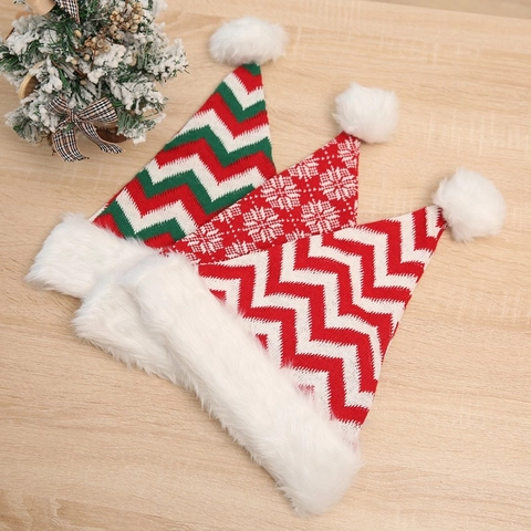 Cappello di Natale a Maglia Con Bordo in Peluche e Pompon Cappello di Babbo Natale a Righe Con Fiocco di Neve Per Festa