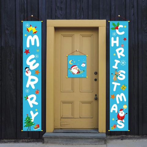 Merry Christmas Door Banner Set Festive Outdoor Porch Decor Polyester Hanging Couplet Santa Snowman Pattern Holiday Party Sign