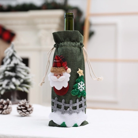 Christmas Linen Wine Bottle Cover With Santa Snowman 3D Applique Drawstring Wine Bottle Bag For Holiday Table Decoration