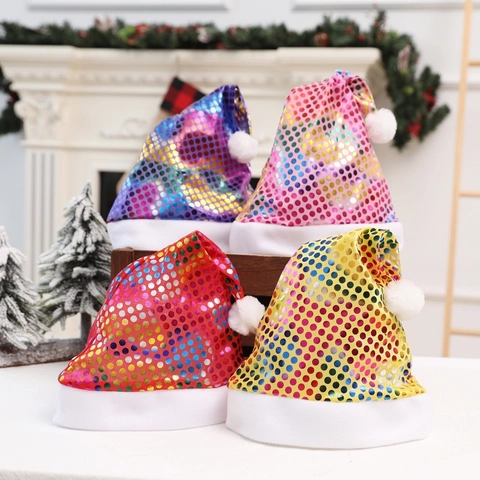 Gorro de Navidad con Lentejuelas de Colores y Borde de Felpa Blanca Accesorio de Disfraz para Fiesta de Navidad