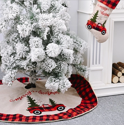 Burlap Christmas Tree Skirt Buffalo Plaid Border Vintage Truck Merry Christmas Pattern Base Cover For Holiday Decoration