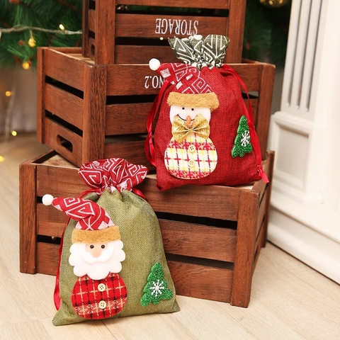 Christmas Burlap Drawstring Gift Bag Cartoon Santa Claus Snowman Pattern Candy Apple Packaging Bag For Kids Party Decor