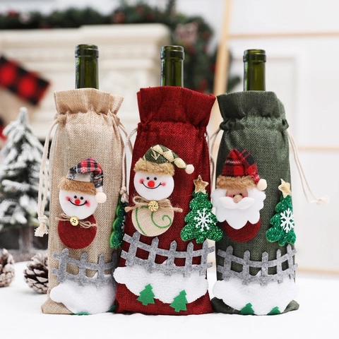 Christmas Linen Wine Bottle Cover With Santa Snowman 3D Applique Drawstring Wine Bottle Bag For Holiday Table Decoration