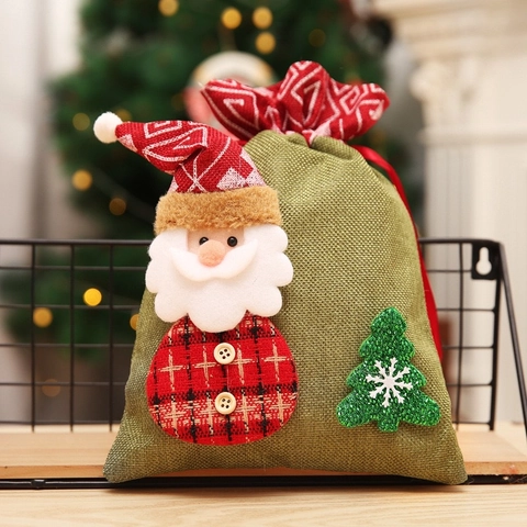Christmas Burlap Drawstring Gift Bag Cartoon Santa Claus Snowman Pattern Candy Apple Packaging Bag For Kids Party Decor