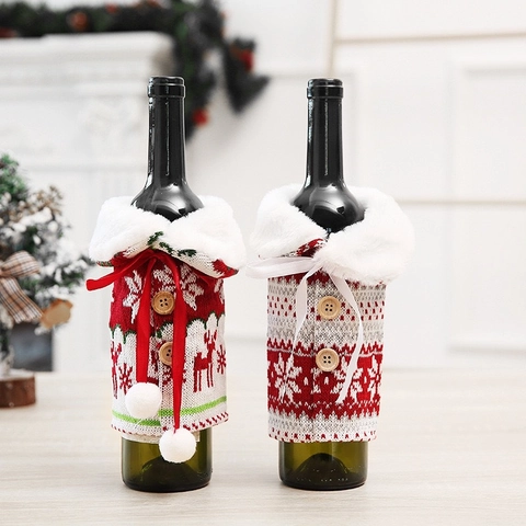 Housse de Bouteille de Vin de Noël en Tricot Motif Renne Flocon de Neige Col en Fausse Fourrure Décoration de Table