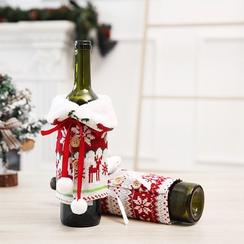 Housse de Bouteille de Vin de Noël en Tricot Motif Renne Flocon de Neige Col en Fausse Fourrure Décoration de Table
