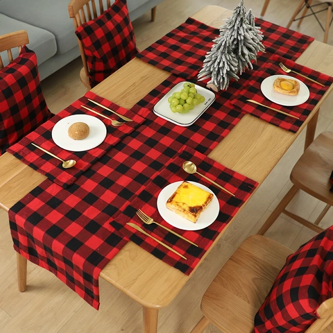 Christmas Buffalo Plaid Table Runner Red Black Checkered Fabric Placemat For Farmhouse Dining Table Home Kitchen Party Decoration