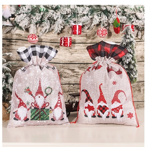Grand Sac Cadeau de Noël à Cordon Gnome Nordique en Tissu de Lin à Carreaux Sac de Père Noël pour Cadeau de Fête Déco