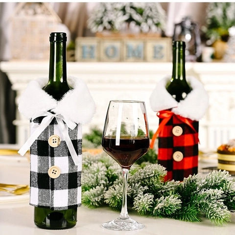 Funda para Botella de Vino de Navidad Cuadros de Búfalo Con Cuello de Piel Sintética Lazo Rojo Negro Decoración de Champán Para Fiesta