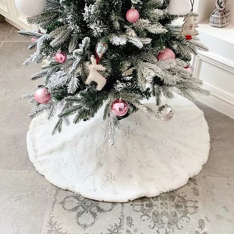 White Christmas Tree Skirt Faux Fur Long Plush Snowflake Sequin Embroidered Tree Mat Decoration For Holiday Home Party