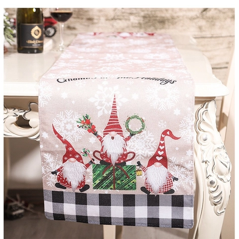 Christmas Gnome Table Runner Buffalo Plaid Linen Table Runner For Holiday Table Decoration Plaid Snowflakes Printed Xmas Cloth