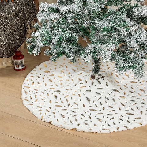 Elegante Weiße Plüsch Weihnachtsbaumdecke Mit Goldenem Federmuster Runde Basis Abdeckung Dekoration Für Feiertag Party Haus Ornamnet