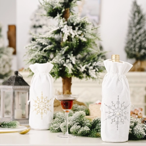 Sacchetto per Bottiglia di Vino in Velluto Bianco Natalizio Con Ricamo a Fiocco di Neve Decorazione in Perla Artificiale
