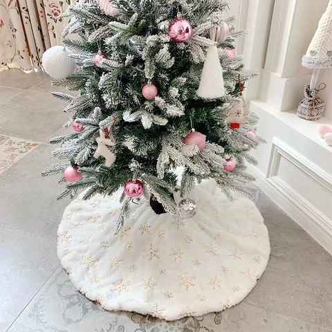 White Christmas Tree Skirt Faux Fur Long Plush Snowflake Sequin Embroidered Tree Mat Decoration For Holiday Home Party