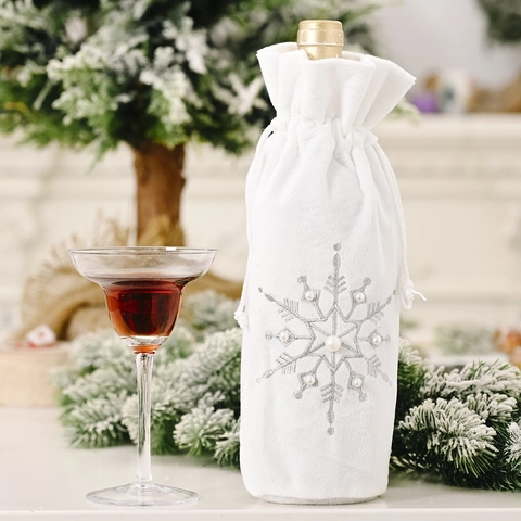 Sacchetto per Bottiglia di Vino in Velluto Bianco Natalizio Con Ricamo a Fiocco di Neve Decorazione in Perla Artificiale