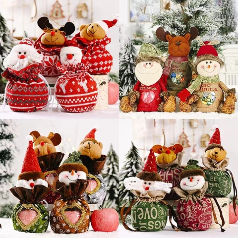 Christmas Gift Bags Linen Knit Felt Drawstring Candy Pouch With 3D Santa Snowman Reindeer For Holiday Party Favors