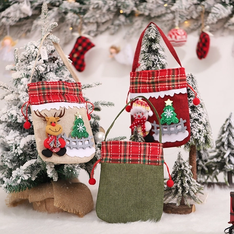 Christmas Drawstring Gift Bag Santa Claus Reindeer Snowman Burlap Handbag For Kids Candy Apple Packing Party Decoration