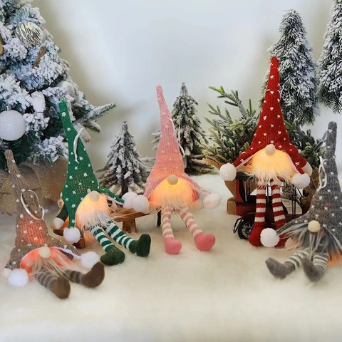 Ornement de Gnome de Noël Lumineux à LED Poupée Suspendue Homme de la Forêt Sans Visage Longues Jambes Bonnet Tricoté