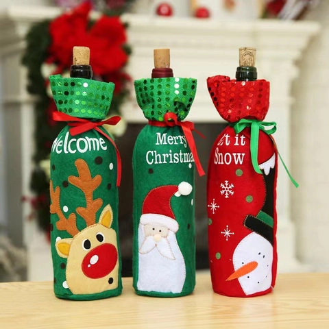 Christmas Wine Bottle Cover Felt Santa Snowman Reindeer Pattern Sequin Decoration Festive Wine Gift Bag For Holiday Party Home Table