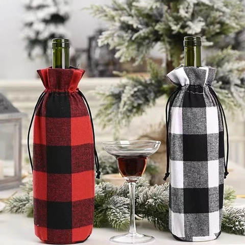Christmas Wine Bottle Cover Buffalo Plaid Red Black White Black Drawstring Wine Bottle Bag Xmas Party Dinner Table Decor