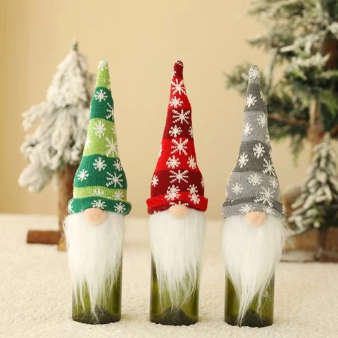 Knitted Christmas Gnome Wine Bottle Cover Fabric Snowflake Pattern Forest Old Man Bottle Topper Holiday Party Table Decoration