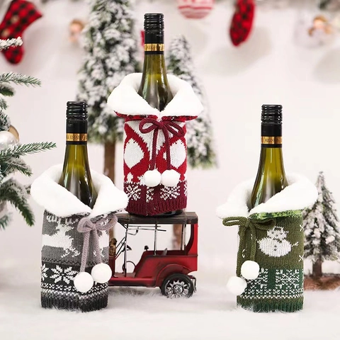 Housse de Bouteille de Vin de Noël Tricotée Motif Renne Bonhomme de Neige Flocon Avec Col en Fausse Fourrure Déco de Table