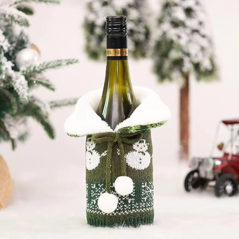 Housse de Bouteille de Vin de Noël Tricotée Motif Renne Bonhomme de Neige Flocon Avec Col en Fausse Fourrure Déco de Table