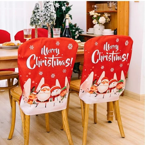 Christmas Chair Back Covers Red Polyester Santa Claus Snowman Printed Dining Room Table Seat Protective Decorative Slips