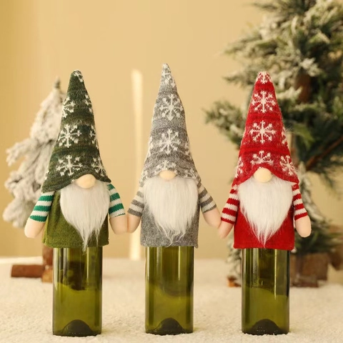 Housse de Bouteille de Vin Gnome de Noël Nordique en Maille Flocon de Neige Sac à Vin Décoration Table de Fête