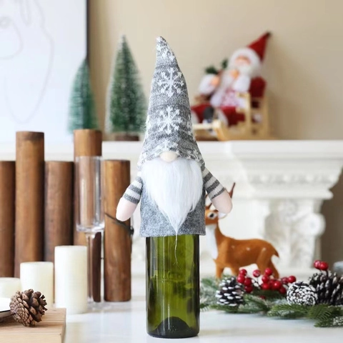 Housse de Bouteille de Vin Gnome de Noël Nordique en Maille Flocon de Neige Sac à Vin Décoration Table de Fête